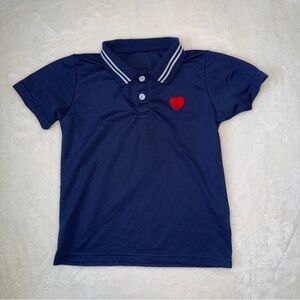 Navy Blue Kids Polo Shirt with Red Heart Patch 6 EUC